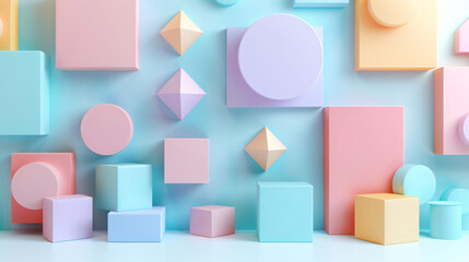 Minimalist 3D geometric shapes in pastel colors arranged in an orderly fashion on a white background, offering a clean and stylish look