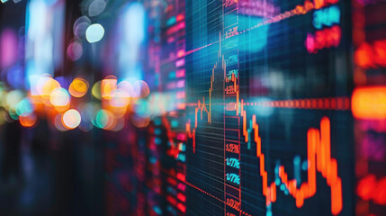 Fototapeta premium Stock market charts glowing on blurred background. Financial graph diagram for stock market analysis, investment, and trading. Economic growth concept for business, finance, crypto currency