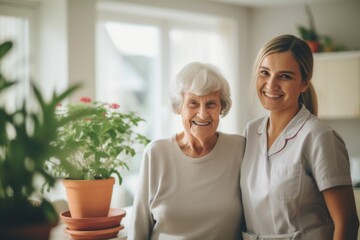 Obraz premium Portrait of a smiling senior woman with caregiver in nursing home
