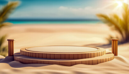 Obraz premium Beach podium summer background sand product 3D sea display platform. Beach podium summer banner stand scene sale sky holiday vacation stage water island sun travel pedestal promotion presentation ad.