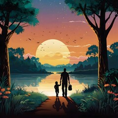 father and son are walking in the forest