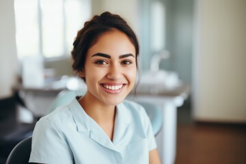 Obraz premium Portrait of a smiling female teenager at dentist office