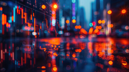 Stock market charts glowing on blurred background. Financial graph diagram for stock market analysis, investment, and trading. Economic growth concept for business, finance, crypto currency