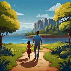 father and daughter walking in the village