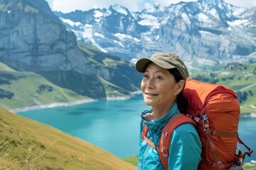 Naklejka premium Middle aged woman hiking in the swiss alps