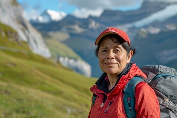 Naklejka premium Middle aged woman hiking in the swiss alps