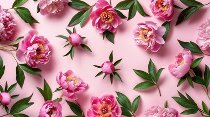 Pattern of multiple pink peony flowers and leaves arranged on a light pink backdrop for text Top view photo