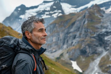 Middle aged man hiking in the swiss alps