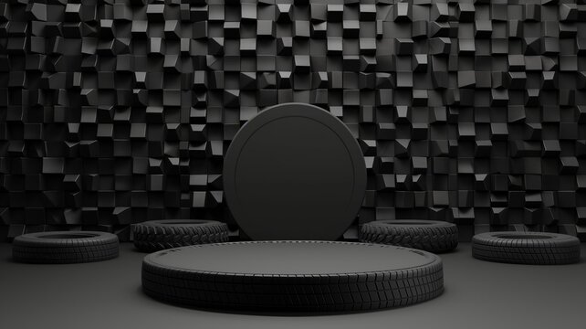 Tire Podium in the center on a black background. Car wheel, texture pattern. Brutal background. An empty 3d showcase for displaying goods.