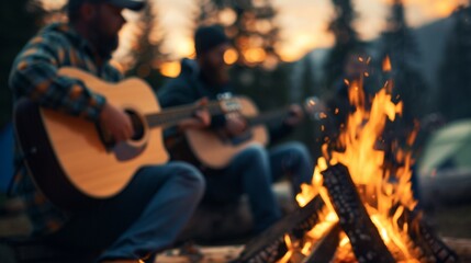Campers gathered around a bonfire, playing guitars and singing, evening setting with trees and tents in the background, capturing the camaraderie and joy of music camp