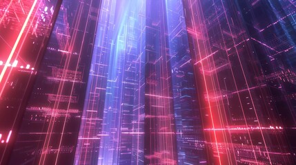 A 3D rendered image of a modern data infrastructure, with translucent nodes arranged in a grid pattern, illuminated by streams of light, creating a futuristic technological backdrop. 