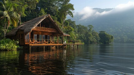 Obraz premium A wooden cabin sits on stilts over the water in a tranquil jungle setting.