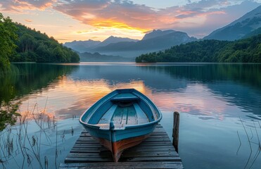Obraz premium Calm Morning Sunrise Over A Mountain Lake With A Rowboat And Wooden Dock