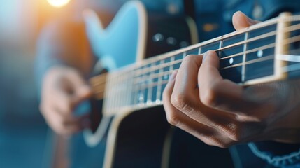 Closeup of a music teachers hand demonstrating notes on a guitar fretboard, student observing intently, bright and engaging lesson environment, highlighting interactive learning