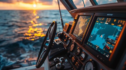 A close-up shot of a boats navigation system with a digital map display, showing the boats location and surrounding waters. The sun is setting in the background, casting a warm glow over the scene.