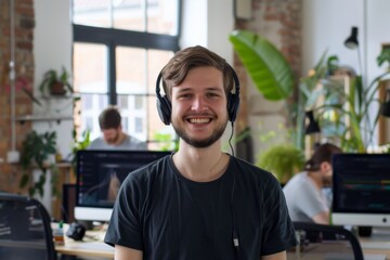 Portrait of a smiling young Caucasian male IT support worker