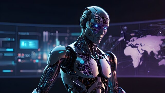 Futuristic robot with glowing blue eyes standing in front of a digital globe, representing artificial intelligence, technology, innovation, and data connectivity.