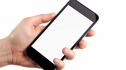 Hand Holding Smartphone with Blank White Screen on Minimalist Background: Concept for Mockups, Apps, and Digital Marketing in Clean White Space