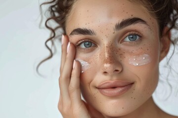 Fototapeta premium Studio portrait of a young woman applying moisturizer on her face