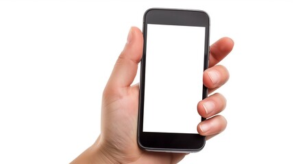 Hand Holding Smartphone with Blank White Screen on Minimalist Background: Concept for Mockups, Apps, and Digital Marketing in Clean White Space