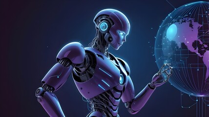 Fototapeta premium Futuristic robot with glowing blue eyes standing in front of a digital globe, representing artificial intelligence, technology, innovation, and data connectivity.