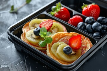 Healthy breakfast meal prep with pancakes and fruit