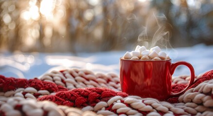 A Red Mug of Hot Chocolate With Marshmallows on a Snowy Winter Day