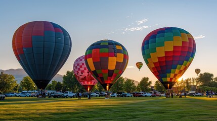 Colorful hot air balloons at sunrise