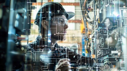 Technician wearing hard hat and safety glasses works on electrical control panel.