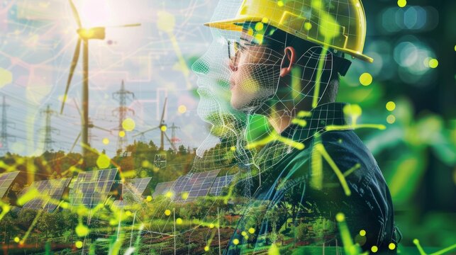Technician wearing hard hat and safety glasses looking at wind turbines. Concept of renewable energy.