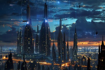 A futuristic cityscape illuminated by xenon gas lights