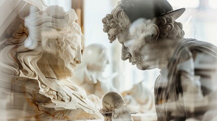 The image is a 3D rendering of a classical sculpture of a young man and woman