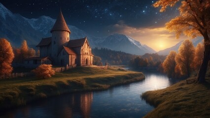 Fototapeta premium Romantic illustration of the castle evening