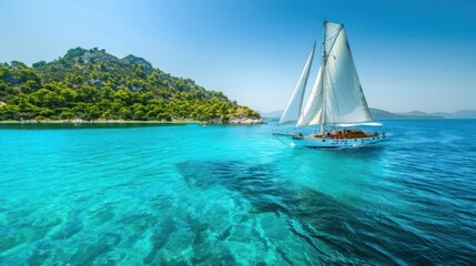Fototapeta premium A majestic sailboat navigating through crystal-clear turquoise waters, with lush green islands in the distance, under a clear blue sky. 