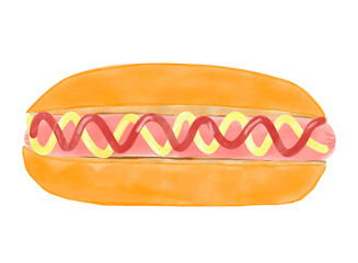 Hand-drawn watercolor illustration of a hotdog isolated on a white background.