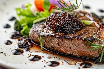 Close up of a steak served on plate with caviar