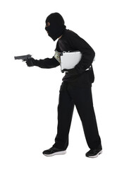 Thief in balaclava with gun and briefcase of money on white background