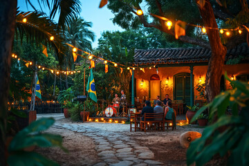 Cozy Outdoor Restaurant with String Lights and People Dining in Tropical Garden at Dusk. Brazil Independence Day