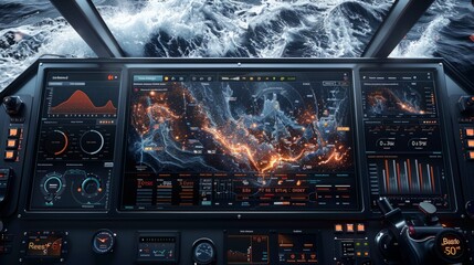 A modern ship cockpit with a large screen displaying real-time data during navigation.