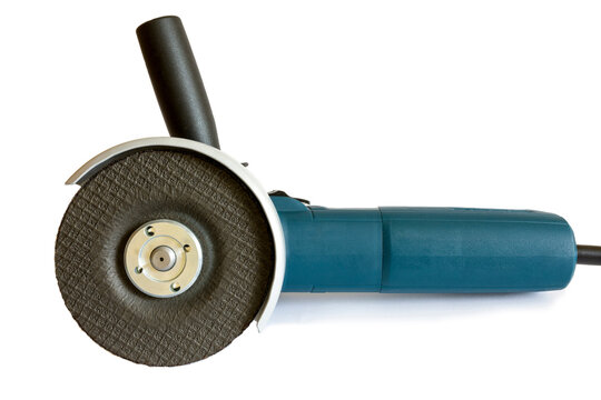 Blue angle grinder on a white background.
