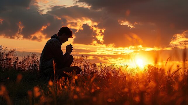 Christian prayer. Man or woman on knees praying, sunset in background. Kneeling prayer to God