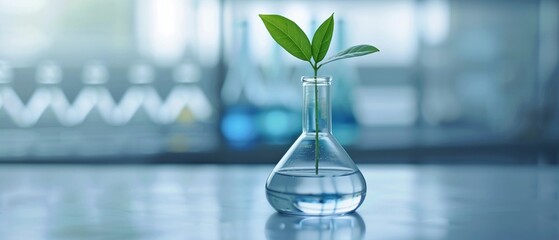 Fresh green plant leaves sprouting from clear glass beakers, surrounded by various laboratory glassware, capturing a vibrant and serene botanical research environment