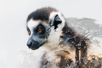 Obraz premium A detailed image of a curious lemur with its vivid eyes, set against a backdrop of towering trees commonly found in Madagascar. The image blends the lemur's features with the natural surroundings.