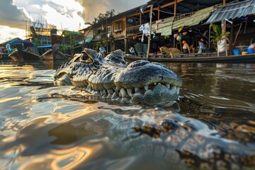 A menacing crocodile with sharp teeth partially submerged in water, near a bustling floating market in Thailand. The market scene in the background features boats, shops