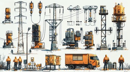 Fototapeta premium Vector illustration set of electrical workers. Illustration for website, landing page, mobile app, poster and banner. Trendy flat vector illustration