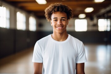 Fototapeta premium Portrait of a young male African American player in gymnasium