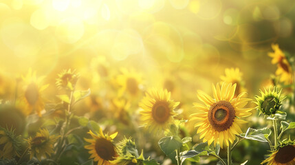 Obraz premium Sunflower on blurred sunny nature background. Horizontal agriculture summer banner with sunflowers field. Agriculture field with blooming sunflowers,sunflower oil production.