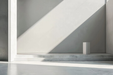 Minimalistic abstract light grey wall background for product presentation with sunlight shadow	