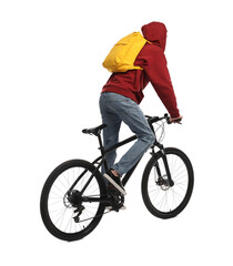 Obraz premium Man with backpack riding bicycle on white background