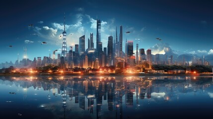 Futuristic cityscape with digital blueprints overlay